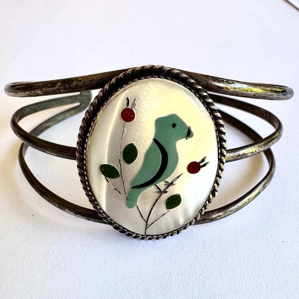VTG Zuni Inlay Bird Cuff Bracelet 6.5in Turquoise Signed LM Sterling Native